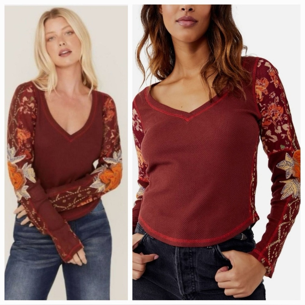 NWT | Free People | Amara Embroidered Sleeve V-Neck Top | Garnet Mix | XS 🕥